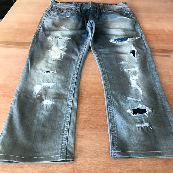 Rock Revival Jayshi Alt Straight Jeans Men 38x26 Blue Distressed Mid Rise Grunge